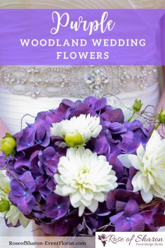 purple and white flowers are in the bride's bouquet for this wedding photo shoot