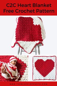 a crocheted heart blanket is shown in red and white