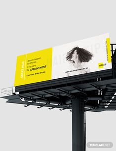 a billboard with a woman's profile on it and yellow accents around the edges