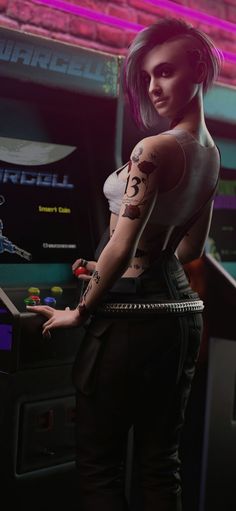 a woman standing in front of a machine with tattoos on her arm and chest, wearing black pants