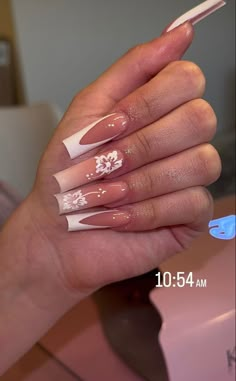 white hibiscus nails Long Nail Inspo Acrylic, Medium Long Nails, Band Nails, Simple Acrylic Nails, Long Acrylic Nails Coffin, Acrylic Nails Coffin Pink, Unique Acrylic Nails