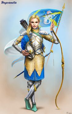 a woman dressed as a knight with a bow and arrow in her hand holding a blue flag