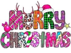 the words merry christmas are decorated with colorful plaid and leopard print, as well as an ornament