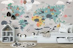 a child's room with a map wallpaper