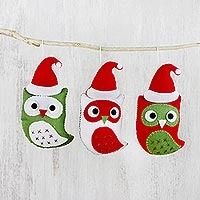 Holiday Decor at NOVICA United Kingdom Felt Owls, Felt Owl, Christmas Owls, Santa Hats, Felt Patterns, Warm Christmas, Felt Christmas Ornaments, Christmas Ornament Sets, Christmas Ribbon