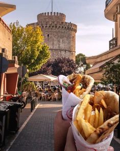 a person holding up a sandwich with french fries in front of a castle like building