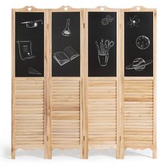 a wooden room divider with chalkboard drawings on it