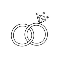 two wedding rings with a diamond in the middle and hearts on each side, outlineed against a white background