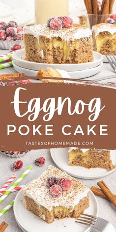 eggnog poke cake with cranberries and powdered sugar on the top