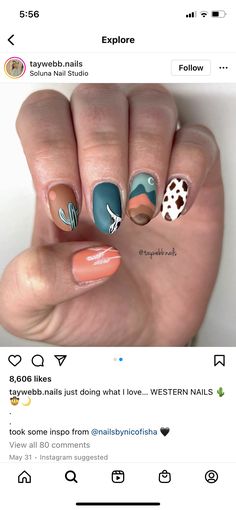 Bull Riding Nails, Western Manicure Ideas, Cute Nails For Fair, Southwestern Nail Art, Bull Skull Nail Art, Cowpoke Nails, Yellowstone Nails Design, Highland Cow Nails Designs