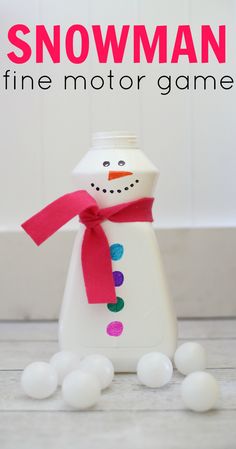 snowman fine motor game for kids to play on the table with text overlay that reads, how to make a snowman fine motor game