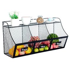 a fruit and vegetable display in a wire mesh container with three sections for each section