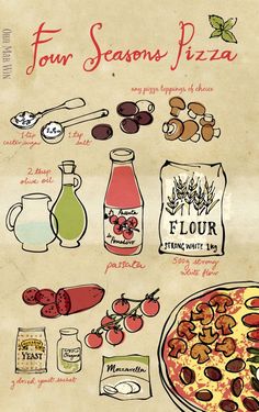 four season's pizza is shown on a piece of parchment paper with handwritten instructions