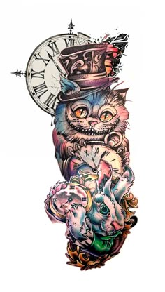 a drawing of a cat wearing a top hat and surrounded by other animals with a clock in the background