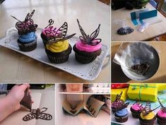 there are many different pictures of cupcakes on the table