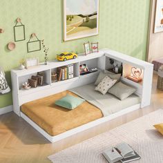 a bedroom with green walls, white furniture and a book shelf on the bed area