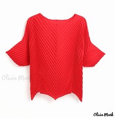 Olivia Mark - Dopamine Fashionable Pleated Short Sleeve Chiffon Blouse Summer Red Chiffon Blouse, Red Chiffon V-neck Blouse, Chic Red Chiffon Top, Elegant Red Chiffon Tops, Casual Pleated Top For Party, Red Chic Chiffon Blouse, Chic Red Chiffon Blouse, Pleated Chiffon Blouse, Short Sleeve Chiffon Blouse