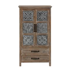 an old wooden cabinet with metal panels on the door and drawers inlayed to it