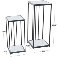 two metal and glass side tables are shown with measurements for each one, including the height