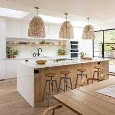 a kitchen with an island and wooden stools