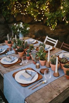 the table is set with succulents and place settings for an outdoor dinner