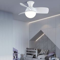 a white ceiling fan mounted on the side of a wall above a bed in a bedroom