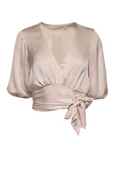 Current Boutique-Ramy Brook - Cream Satin Puff Sleeve Blouse Sz XXS Feminine Satin Tops For Workwear, Feminine Satin Tops For Work, Sleek Satin Blouse For Date Night, Spring Formal Satin Tops, Chic Satin V-neck Tops, Elegant Silk Blouse For Date Night, Formal Satin V-neck Top, Feminine Silk Top For Formal Occasions, Chic Fitted Satin Top