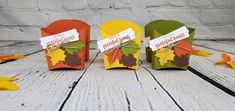 three small boxes with fall leaves on them