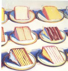 there are many different types of cakes on the table together in this painting, and one is colored with pastel crayons