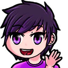 a drawing of a person with purple hair and black eyes holding his hand out to the side