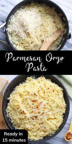 two images showing how to make parmesan orzo pasta in one skillet