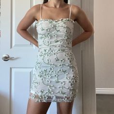 Brand New Without Tags Ties In The Back Zipper On The Side Mesh Outer With Lining Green Hoco Dresses, Hoco Ideas, Shein Dress, Green Floral Dress, Shein Dresses, Hoco Dresses, Party Dresses For Women, 15 Dresses, White Green