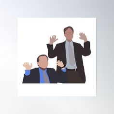 two men with their hands up in the air, one is wearing a suit poster