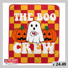 the boo crew halloween towel with pumpkins and ghost faces on red and yellow checkered background