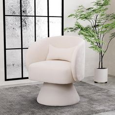 a white chair sitting on top of a rug next to a potted green plant