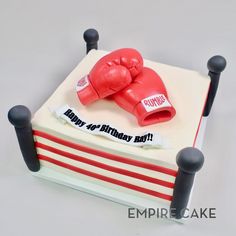 a birthday cake with a pair of boxing gloves sitting on it's side,