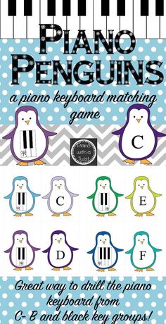 an image of piano penguins with the words piano penguins on it and two different colors