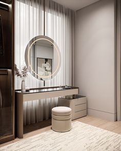 a dressing table with a round mirror and stool in front of the window, next to a white rug