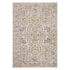 a rug with an ornate design on the front and back side, in beige tones