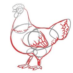 a drawing of a chicken with red lines on it's face and tail, standing in front of a white background