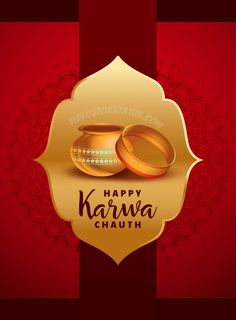 happy karwa chauth greeting card with two golden pots on red and gold striped background