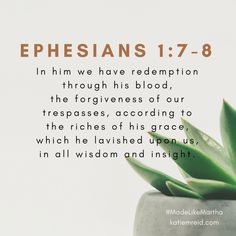 a potted plant with the words ephesians 17 - 8 in him we have redemption through his blood, the forgingness of our trespasses, according to the