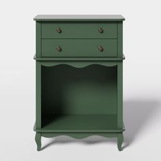 a green cabinet with two drawers on one side and an open drawer on the other