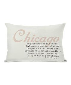 a pillow with the words chicago on it in pink and white letters that say,