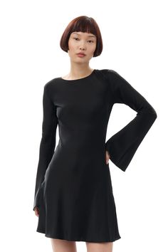 Black Black Solid Satin Mini Dress | GANNI US Sleek Long Sleeve Midi Evening Dress, Sleek Long Sleeve Midi Dress For Evening, Chic Crew Neck Dresses For Night Out, Sleek Long Sleeve Mini Dress For Cocktail, Sleek Long Sleeve Evening Dress For Fall, Black Long Sleeve Dresses With Elastic Sleeves, Evening Long Sleeve Midi Dress With Elastic Sleeves, Chic Fitted Long Sleeve Dress With Bell Sleeves, Elegant Mini Dress With Long Elastic Sleeves