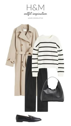 Boyfriend Coats For Women, Striped Jumper Outfit, Trench Coat Outfit Black Women, Black Trench Coat Outfit, Hm Outfits, Women Office Outfits, Coat Outfit Casual, Boyfriend Coat, Comfy Airport Outfit