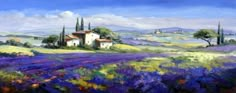 a painting of a lavender field with an old house in the distance