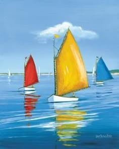 three sailboats floating in the ocean with blue sky and clouds behind them, one is yellow