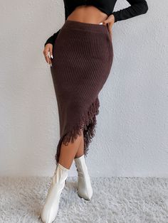 Chocolate Brown Casual Collar  Fabric Plain  Embellished Slight Stretch  Women Knitwear Knitted Maxi Skirt, Sweater Skirts, Long Flared Skirt, Skirt Pattern Free, Asymmetrical Midi Skirt, Black Floral Skirt, Utility Skirt, Faux Suede Skirt, Twirl Skirt