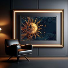 a chair sitting in front of a framed painting on the wall next to a lamp